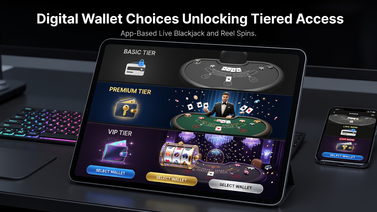 Mobile app screen showing digital wallet integration for live blackjack and slot games with tier indicators