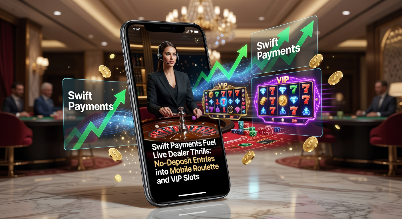 Vibrant live dealer roulette table on a mobile screen with swift payment icons overlayed, capturing the instant thrill of no-deposit play